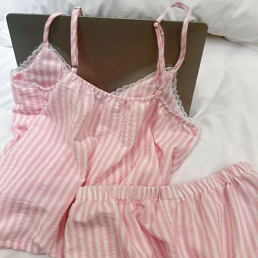 Sleeveless Lace Stripe Pyjama Suit Two Piece Pyjama Sets Gifts-