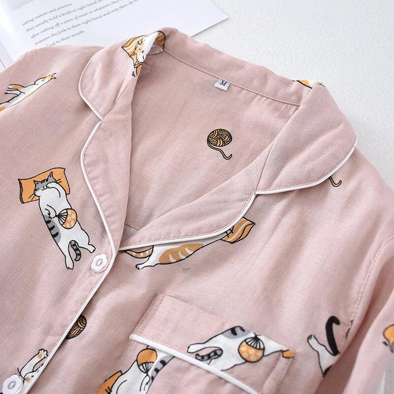 Women Pajamas Set 100% Cotton Printed Sleepwear Casual Nightwear Gauze Home Wear