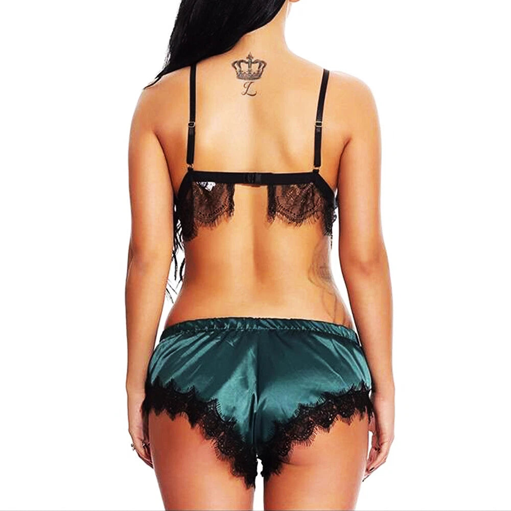 US Women Sexy Lingerie Sleepwear Satin Silk Babydoll Lace Nightwear Pajamas Set