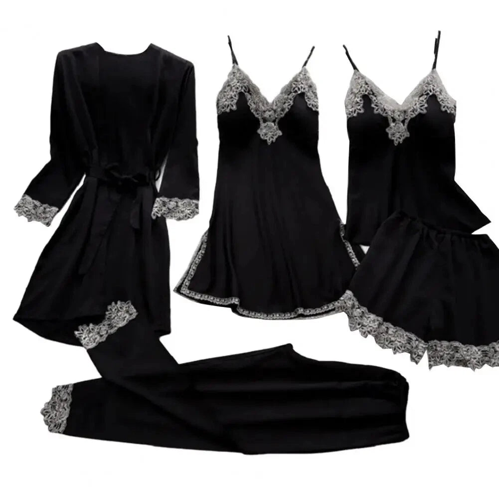 Lace Patchwork Women's Pajamas Set with Top Shorts Pants Lace-up Waist Homewear