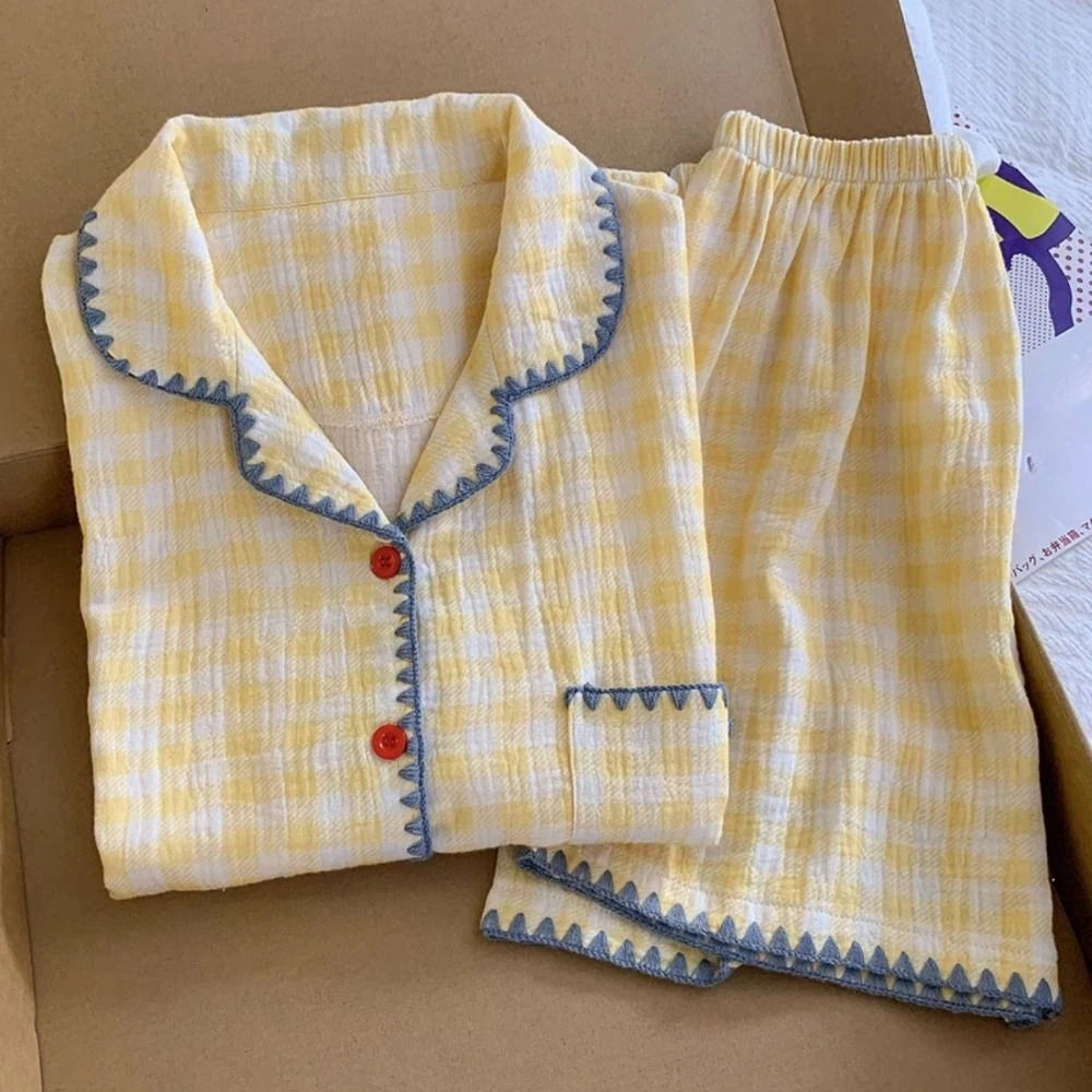 Summer Thin Plaid Pajama Set Cute 2 Piece Sleepwear Indoor Outdoor-