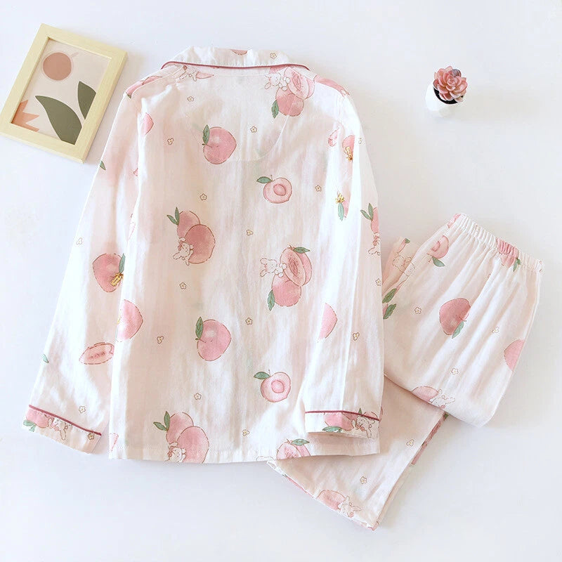 Women Pajamas Set 100% Cotton Printed Sleepwear Casual Nightwear Gauze Home Wear