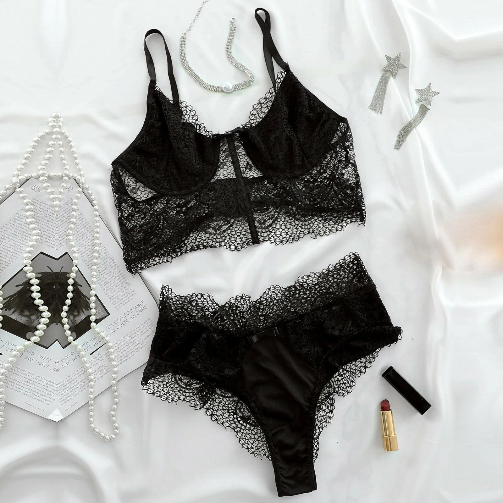 Women Lace Sexy Lingerie Nightwear Ladies Underwear Pajamas Set Bra Thong V1