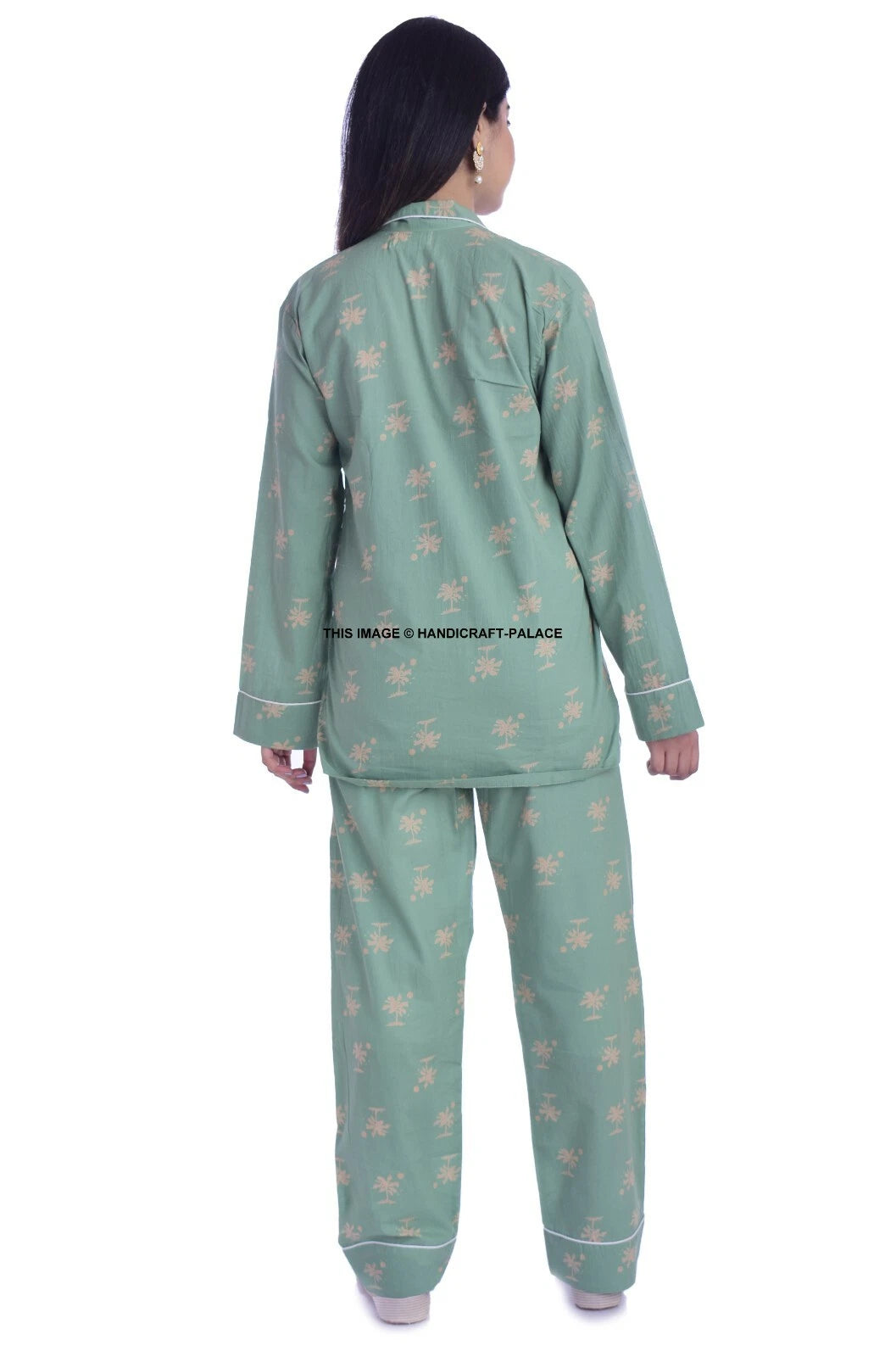 Women 100% Cotton Pajamas Set Nightclothes Homewear Sleep Palm Tree Print Indian