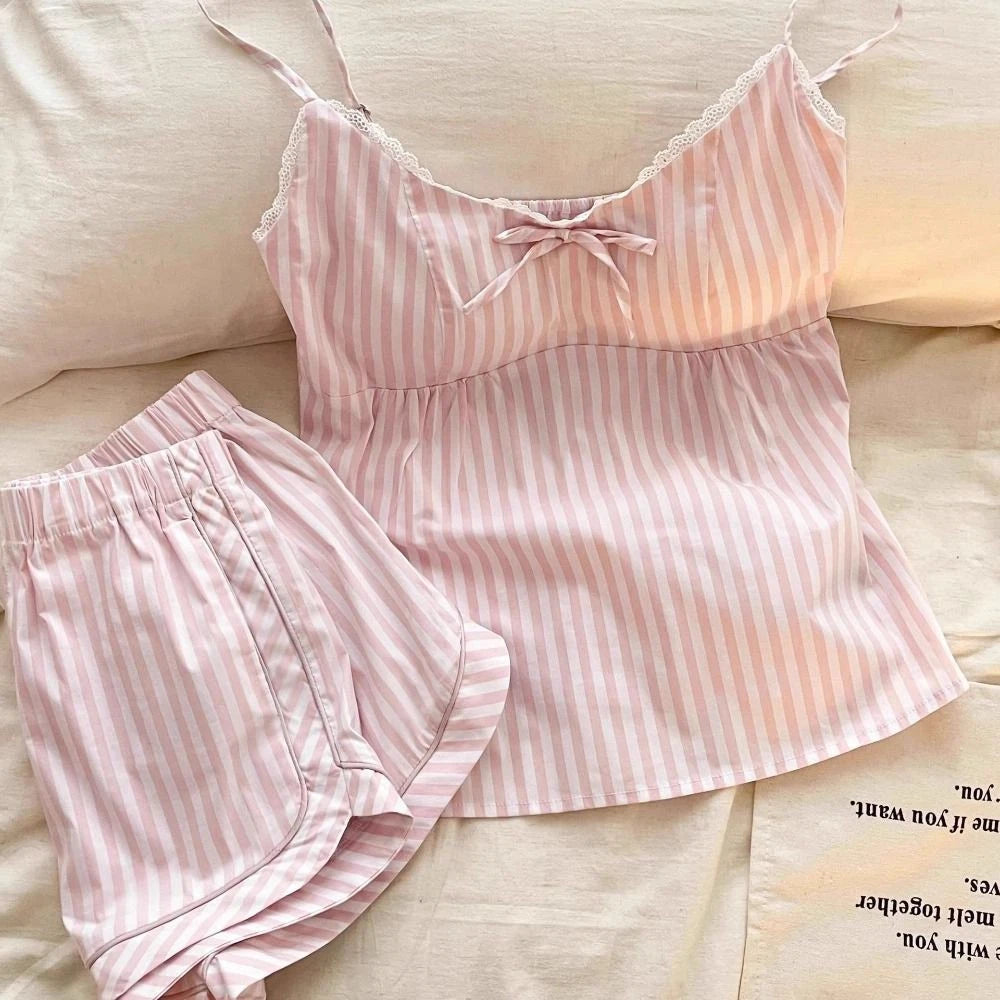 Sleeveless Lace Stripe Pyjama Suit Two Piece Pyjama Sets Gifts-