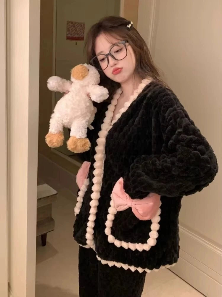 Women Pajama Sets Plus Velvet Sleepwear Cozy V-neck leisure wear Home Wear