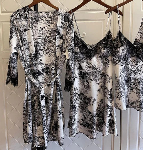 Women Satin Pajamas Suit V-Neck Kimono Robe Set with Cheast Pads Nightwear Sexy