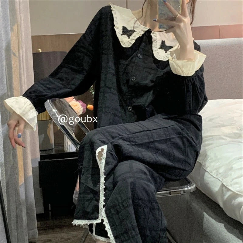 Korean women sweet pajamas long-sleeved trousers home service two-piece suit
