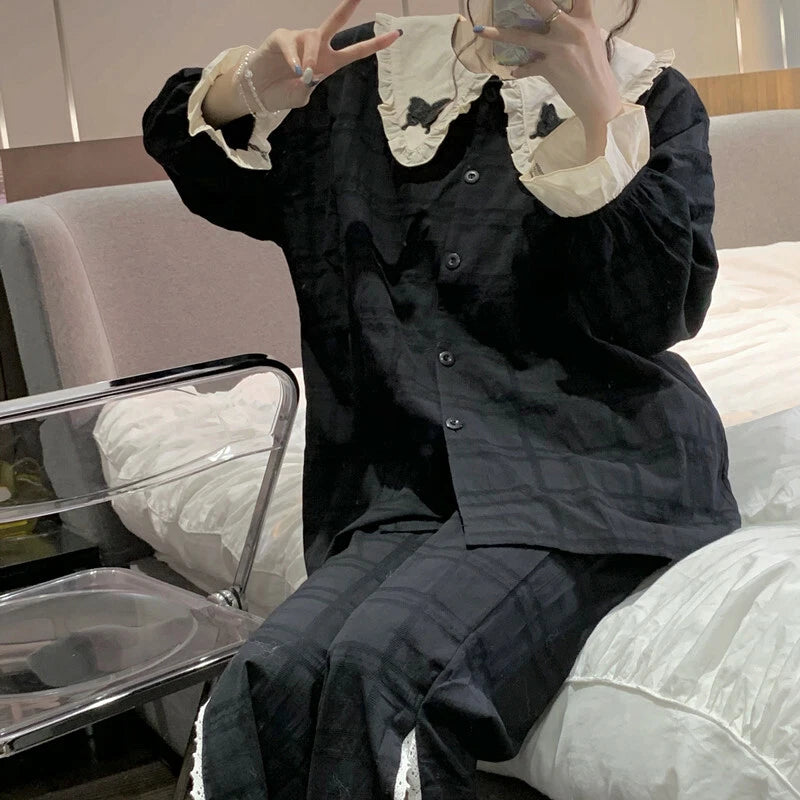 Korean women sweet pajamas long-sleeved trousers home service two-piece suit