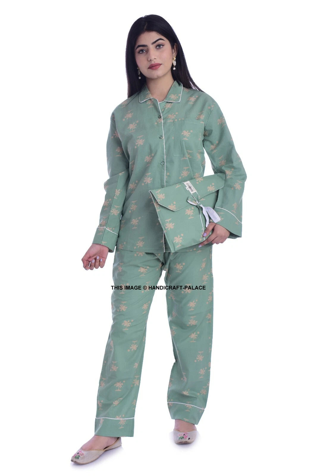 Women 100% Cotton Pajamas Set Nightclothes Homewear Sleep Palm Tree Print Indian