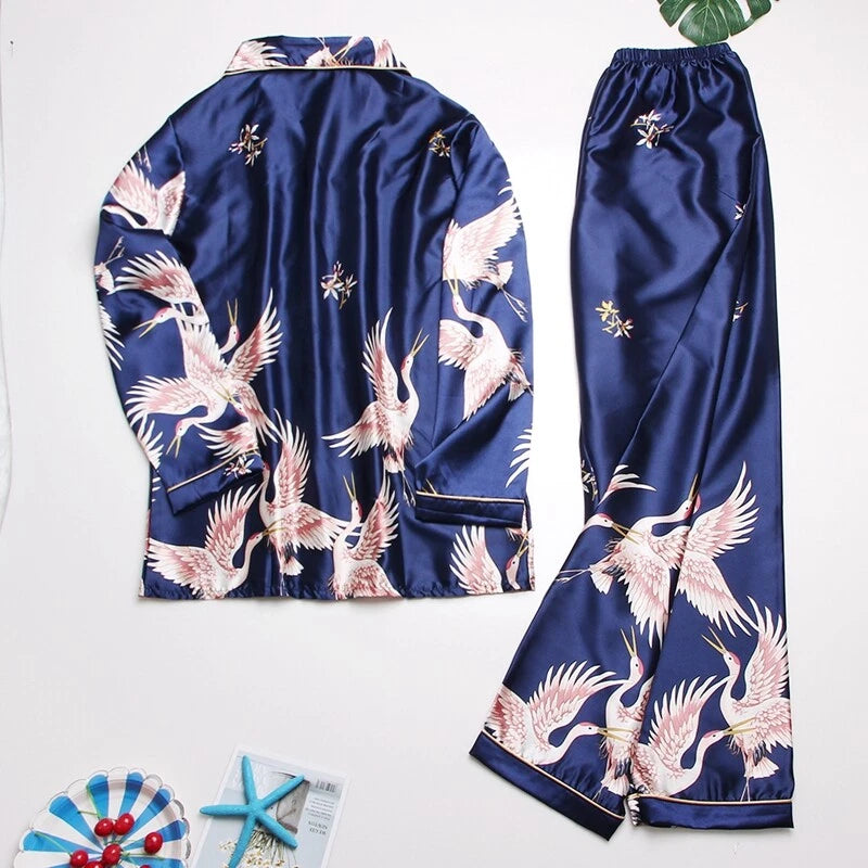 Women's Long Sleeve Silk Pajama Set Button-Down Sleepwear Print Loungewear Plus