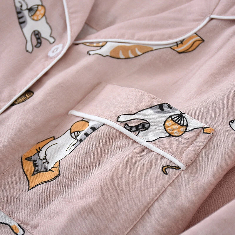 Women Pajamas Set 100% Cotton Printed Sleepwear Casual Nightwear Gauze Home Wear