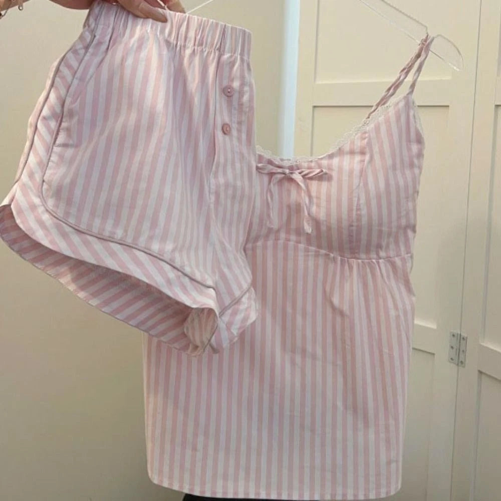 Sleeveless Lace Stripe Pyjama Suit Two Piece Pyjama Sets Gifts-