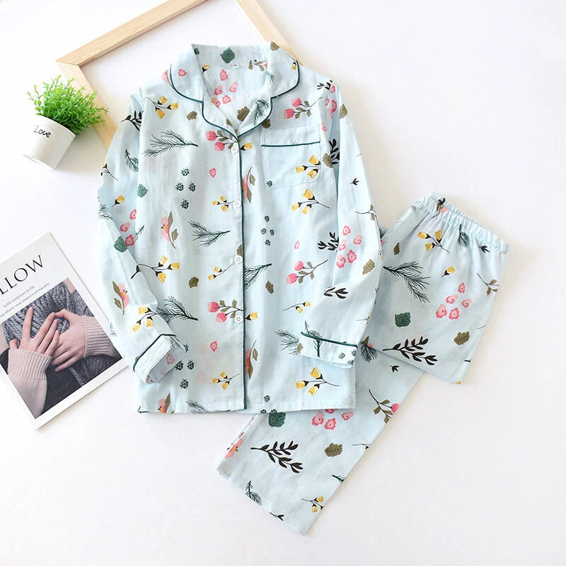 Women Pajamas Set 100% Cotton Printed Sleepwear Casual Nightwear Gauze Home Wear