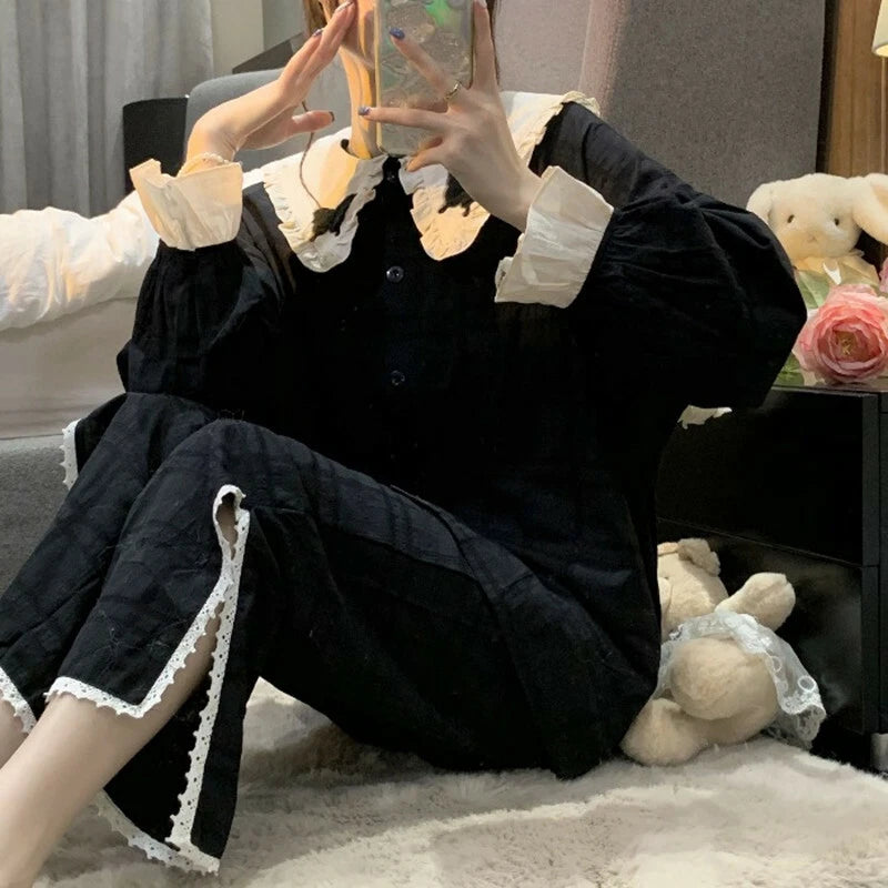 Korean women sweet pajamas long-sleeved trousers home service two-piece suit