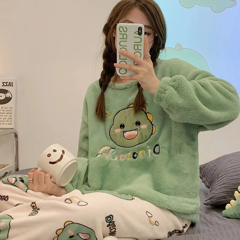 Sleepwear Thickening Round Neck Long Sleeve Women's 2 Pieces Set Dinosaur Suit