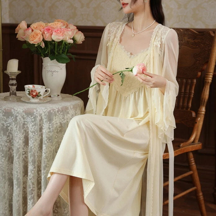 Women Lounge Suit Sling Padded Dress Cotton Robes Mesh Nightwear 2pcs 161201