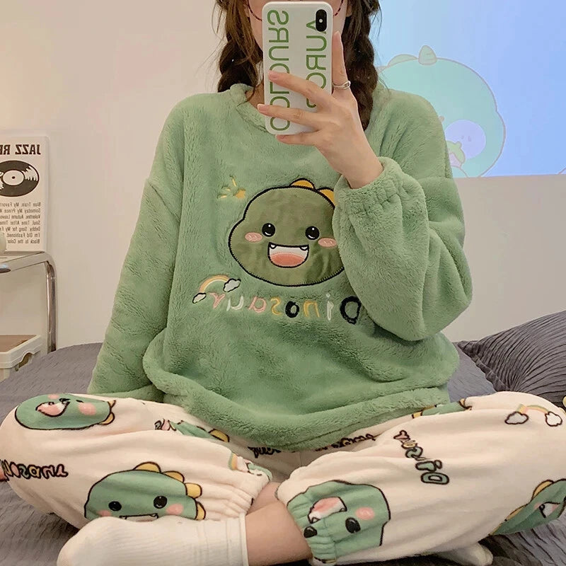 Sleepwear Thickening Round Neck Long Sleeve Women's 2 Pieces Set Dinosaur Suit
