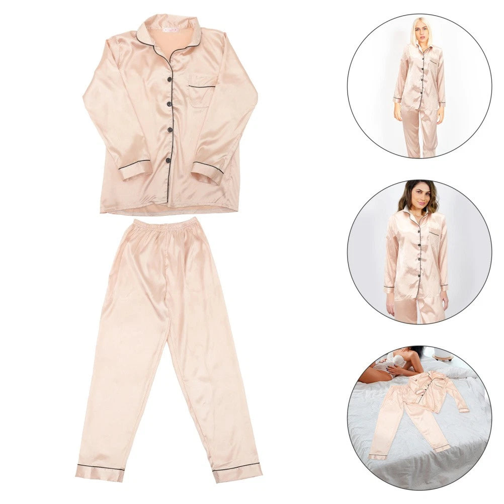 1 Set Female Nightclothes Trousers Simulated Silk Pajamas Set Fresh Long Sleeve