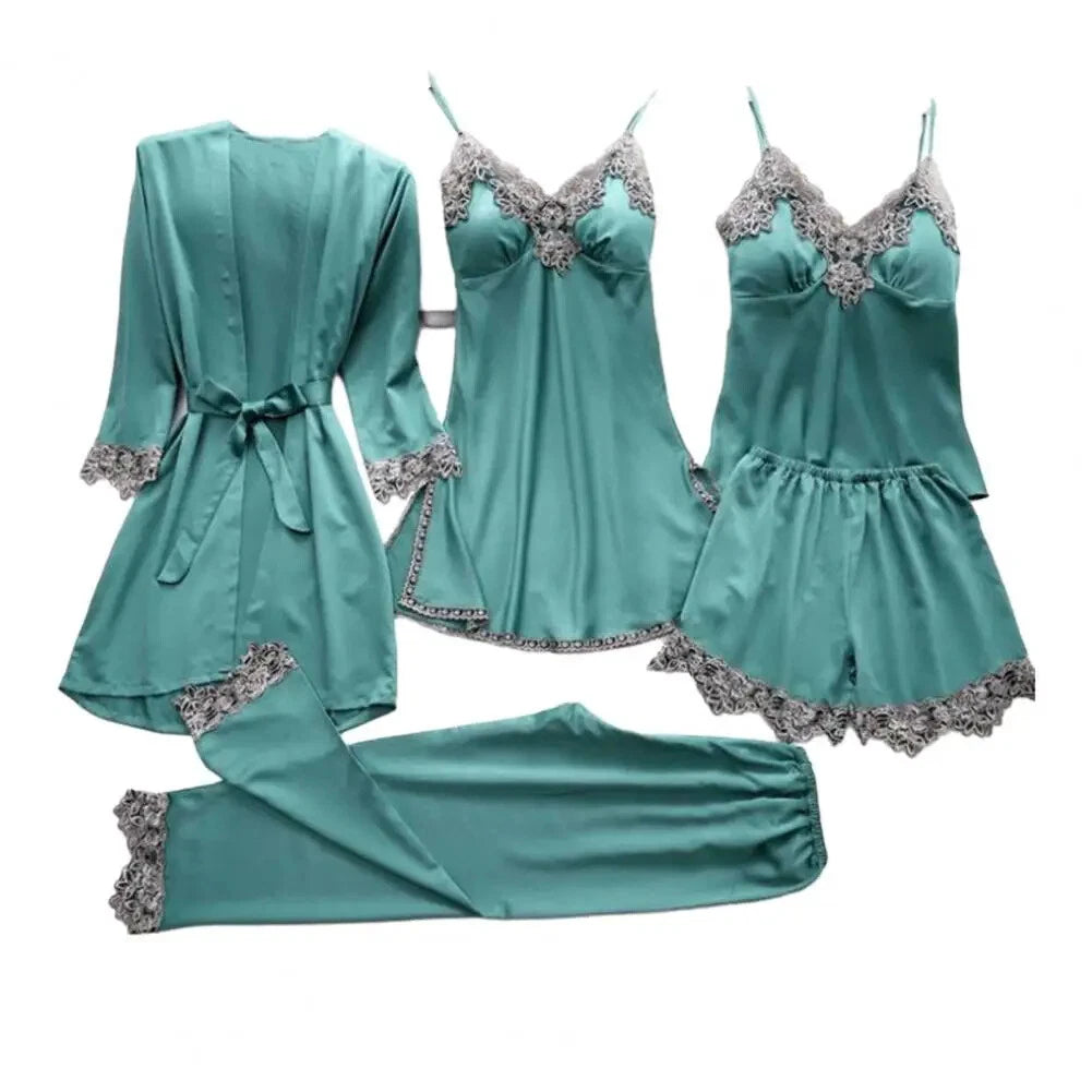 Lace Patchwork Women's Pajamas Set with Top Shorts Pants Lace-up Waist Homewear