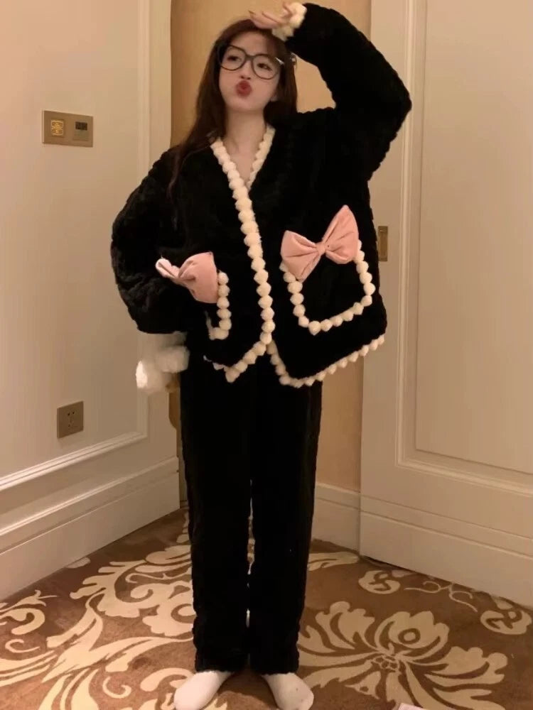 Women Pajama Sets Plus Velvet Sleepwear Cozy V-neck leisure wear Home Wear