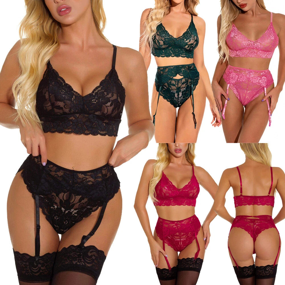 Women Sexy Lingerie Set with Garter Belt Floral Lace Bra and Panty Set Nightwear