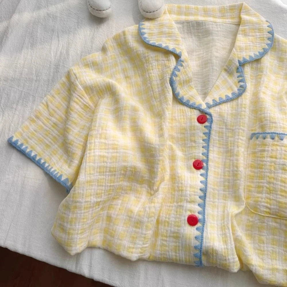 Summer Thin Plaid Pajama Set Cute 2 Piece Sleepwear Indoor Outdoor-