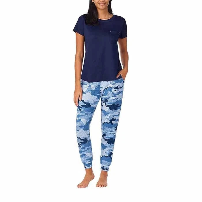 Jane and Bleecker 2 Piece Lounge Set Jogger Navy Camo Tee Scoop Neck  XS