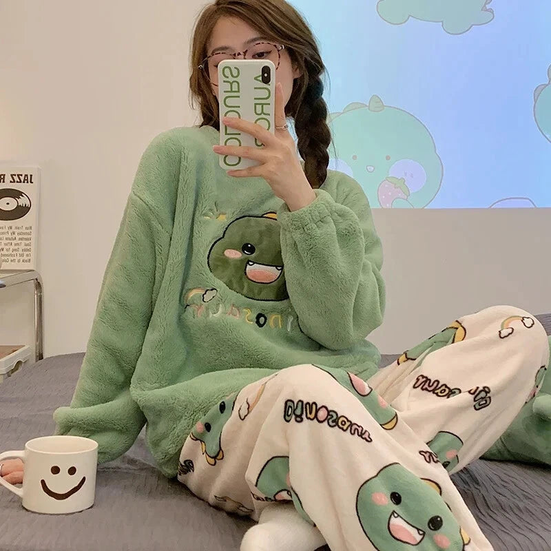Sleepwear Thickening Round Neck Long Sleeve Women's 2 Pieces Set Dinosaur Suit