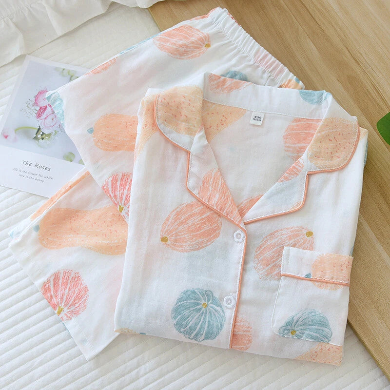 Women Pajamas Set 100% Cotton Printed Sleepwear Casual Nightwear Gauze Home Wear