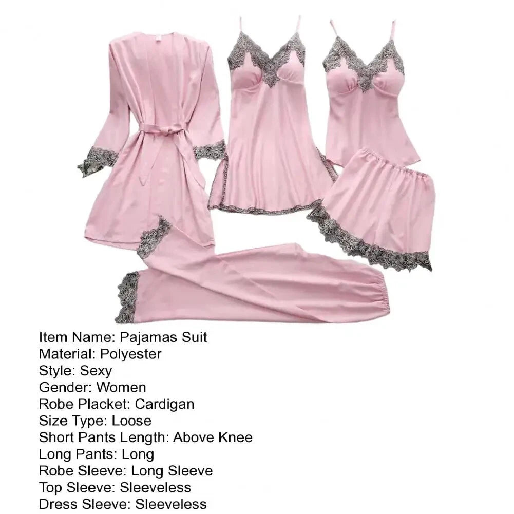 Lace Patchwork Women's Pajamas Set with Top Shorts Pants Lace-up Waist Homewear