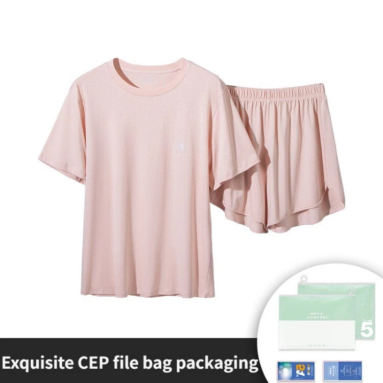 Summer Women's Cotton Short Sleeve Lounge Loose Seat Antibacterial Pajamas Set-