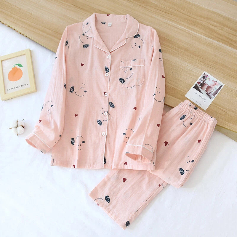 Women Pajamas Set 100% Cotton Printed Sleepwear Casual Nightwear Gauze Home Wear