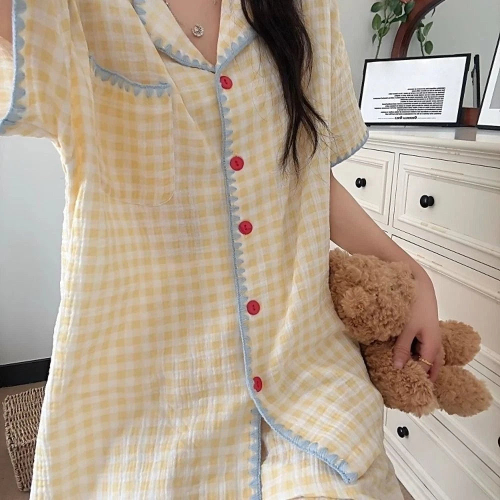 Summer Thin Plaid Pajama Set Cute 2 Piece Sleepwear Indoor Outdoor-