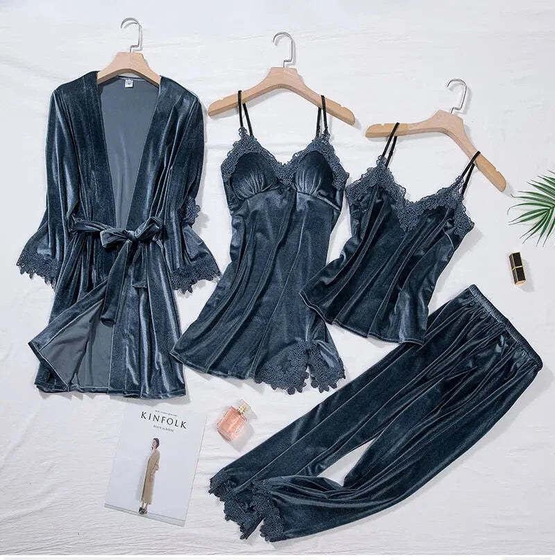 Velour Home Clothing 4pcs Sleep Set Intimate Lingerie Women Pajamas Long Sleeve