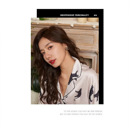 Cardigan Women's Pajamas Set Luxury Leopard Print SleepwearSilk Like Nightwear