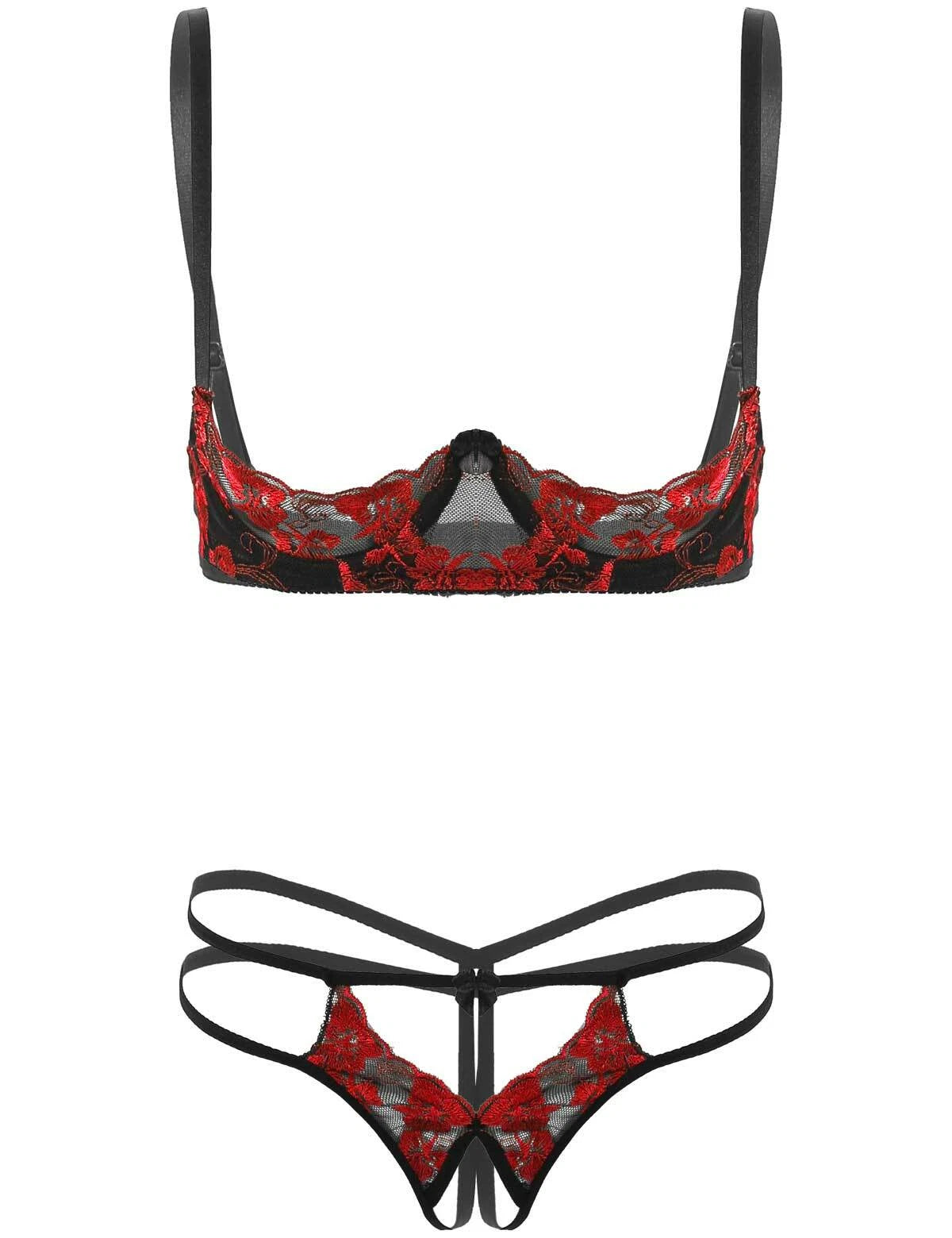 FEESHOW Sexy Lingerie Set Women Open Cup Bra Briefs Panties Babydoll AU