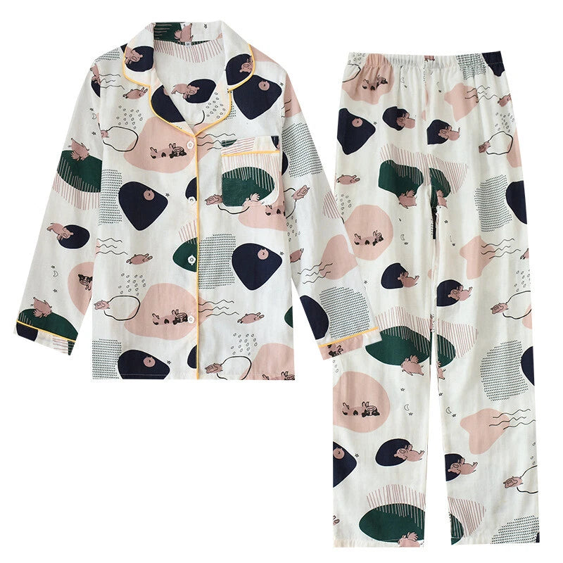 Women Pajamas Set 100% Cotton Printed Sleepwear Casual Nightwear Gauze Home Wear