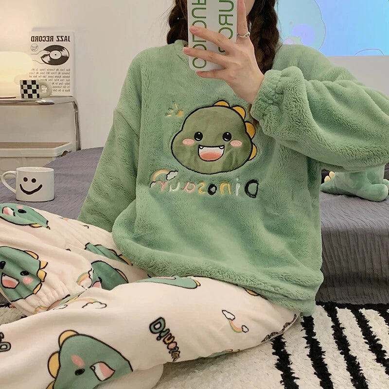 Sleepwear Thickening Round Neck Long Sleeve Women's 2 Pieces Set Dinosaur Suit