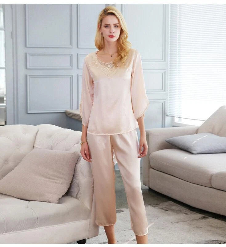 New Women Silk Pajamas Set,2 pieces,100% Mulberry Silk Sleepwear Nightwear U7135