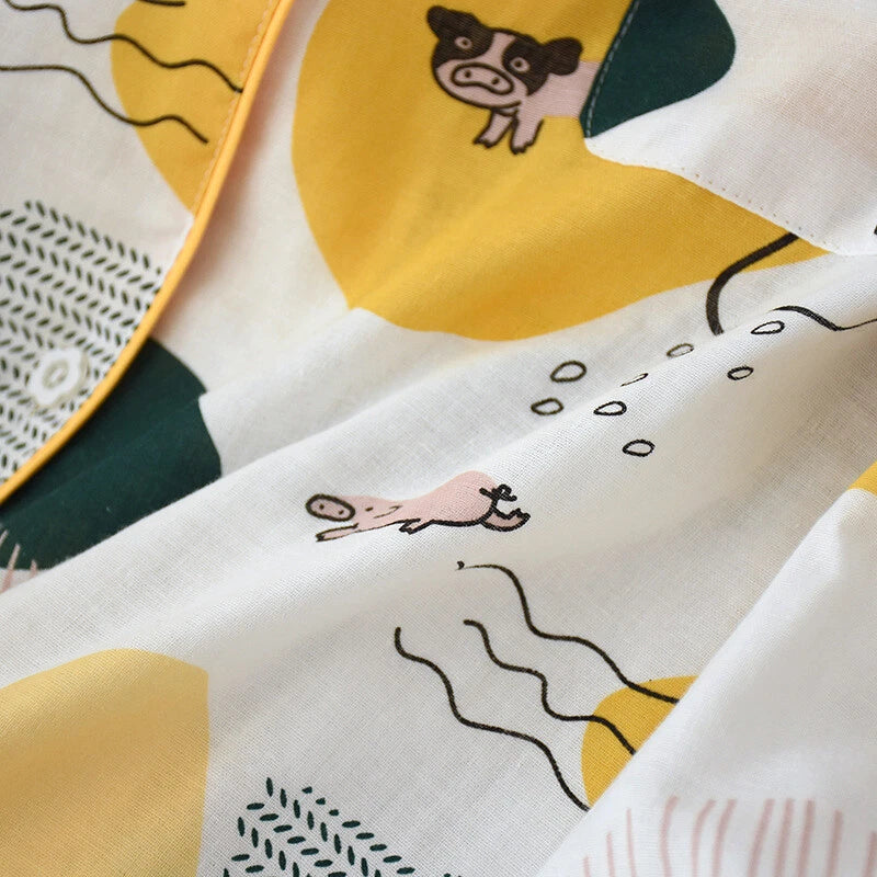 Women Pajamas Set 100% Cotton Printed Sleepwear Casual Nightwear Gauze Home Wear