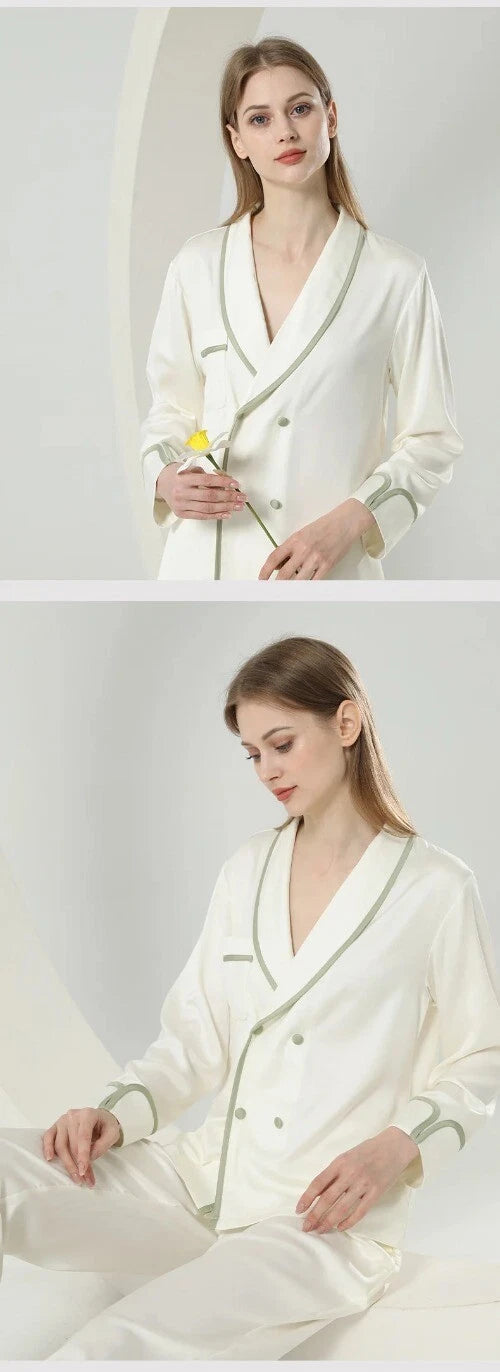 Female 2PCS Pajamas Set Spring Autumn Sleepwear Trouser Suits V-Neck White