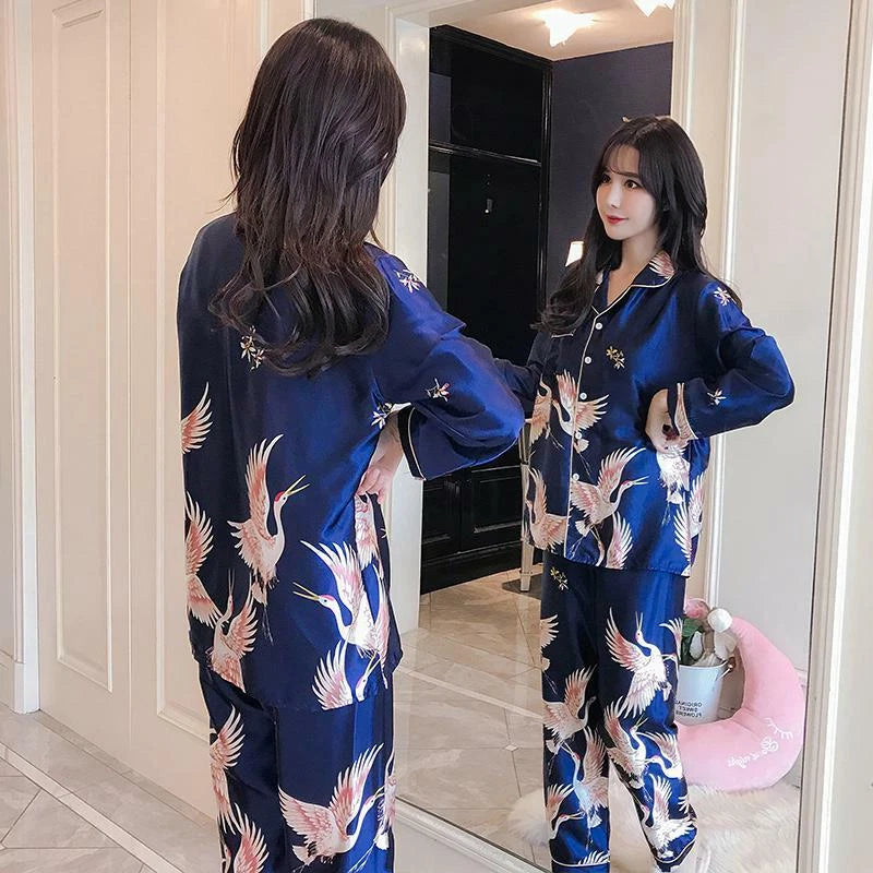 Women's Long Sleeve Silk Pajama Set Button-Down Sleepwear Print Loungewear Plus