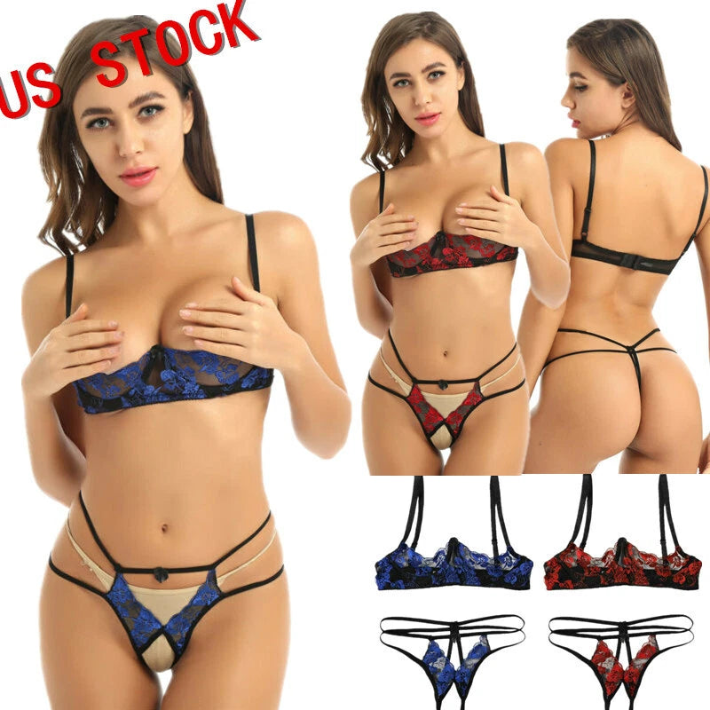 Women's Floral Lace Lingerie Bra Set Crotchless Thong G-string Cupless Bralette