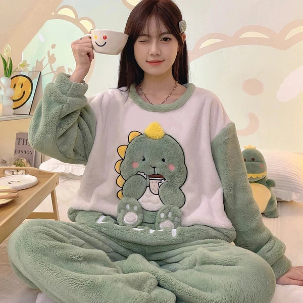 Sleepwear Thickening Round Neck Long Sleeve Women's 2 Pieces Set Dinosaur Suit