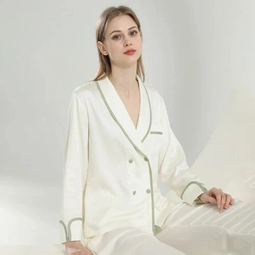 Female 2PCS Pajamas Set Spring Autumn Sleepwear Trouser Suits V-Neck White