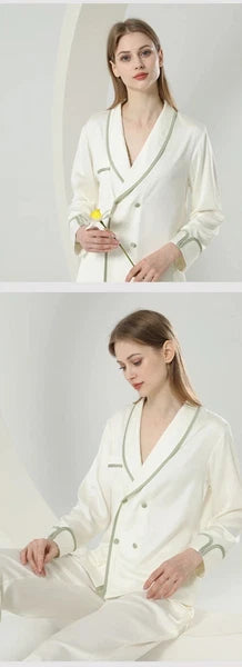 Female 2PCS Pajamas Set Spring Autumn Sleepwear Trouser Suits V-Neck White