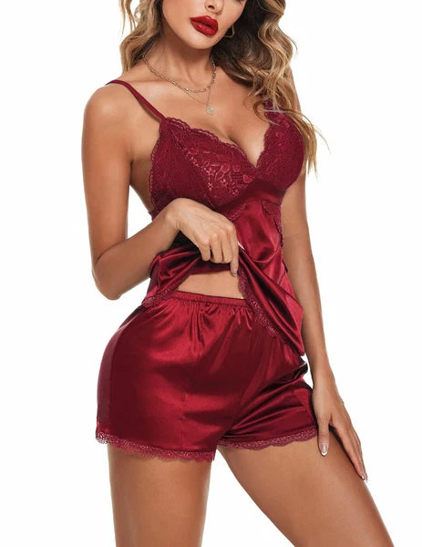 Women Sleepwear Satin Pajamas Set Lace Camisole Shorts Nightwear Sexy Lingerie