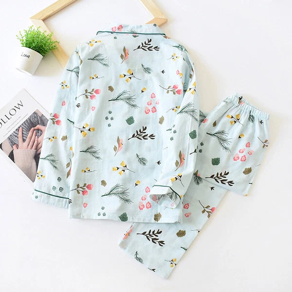 Women Pajamas Set 100% Cotton Printed Sleepwear Casual Nightwear Gauze Home Wear