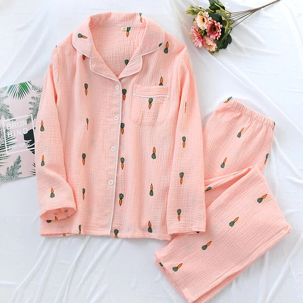 Chinese Japanese Autumn Women 100% Gauze Cotton Pajamas Set Sleepwear Nightwear